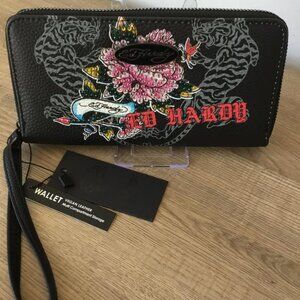 Ed Hardy NWT Black Tiger Floral Rhinestone Zip Around Wallet Wristlet Y2K-style